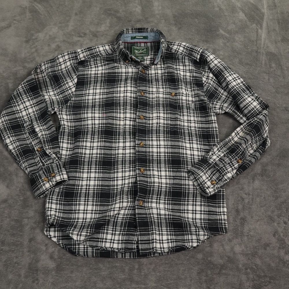 Woolrich  Shirt Mens Small Black White Plaid Trout Run Flannel Camp Cabincore‎